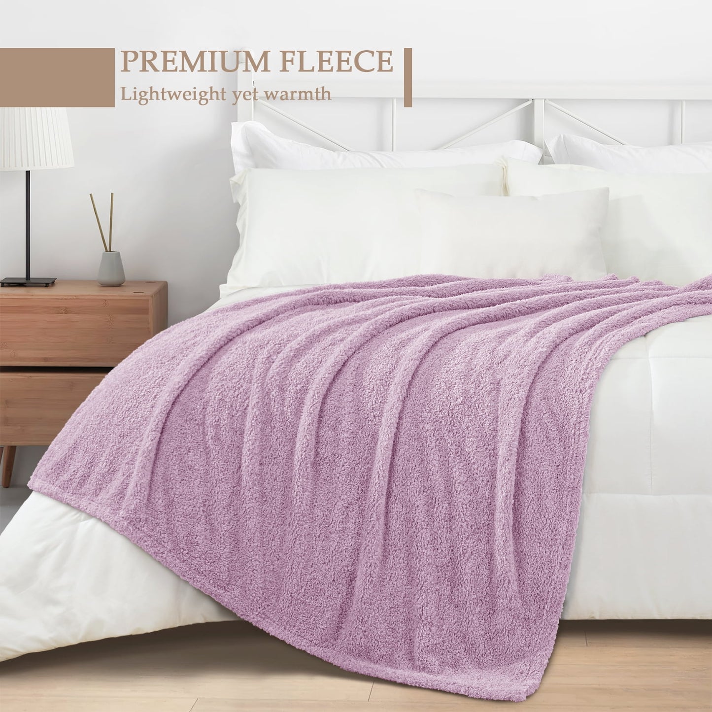 Exclusivo Mezcla Fuzzy Fleece Bed Blanket, Lightweight Fluffy Solid Velvet Blankets Queen Size, Suitable for All Seasons, 90x90 Inches, Light Purple