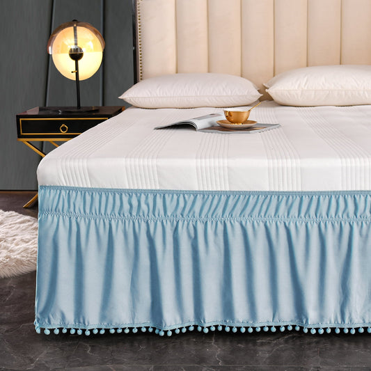Exclusivo Mezcla Pom Pom Bed Skirt with Adjustable Elastic Belt, Easy Wrap Around Dust Ruffles with 16 Inch Tailored Drop, Wrinkle and Fade Resistant, (King, Aqua Blue)