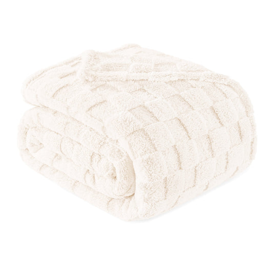 Exclusivo Mezcla Queen Size Flannel Fleece Blanket, Super Soft 3D Checkered Jacquard Bed Blanket, Cozy Fluffy Lightweight Blanket for All Seasons, 90x90 Inches, Ivory Blanket