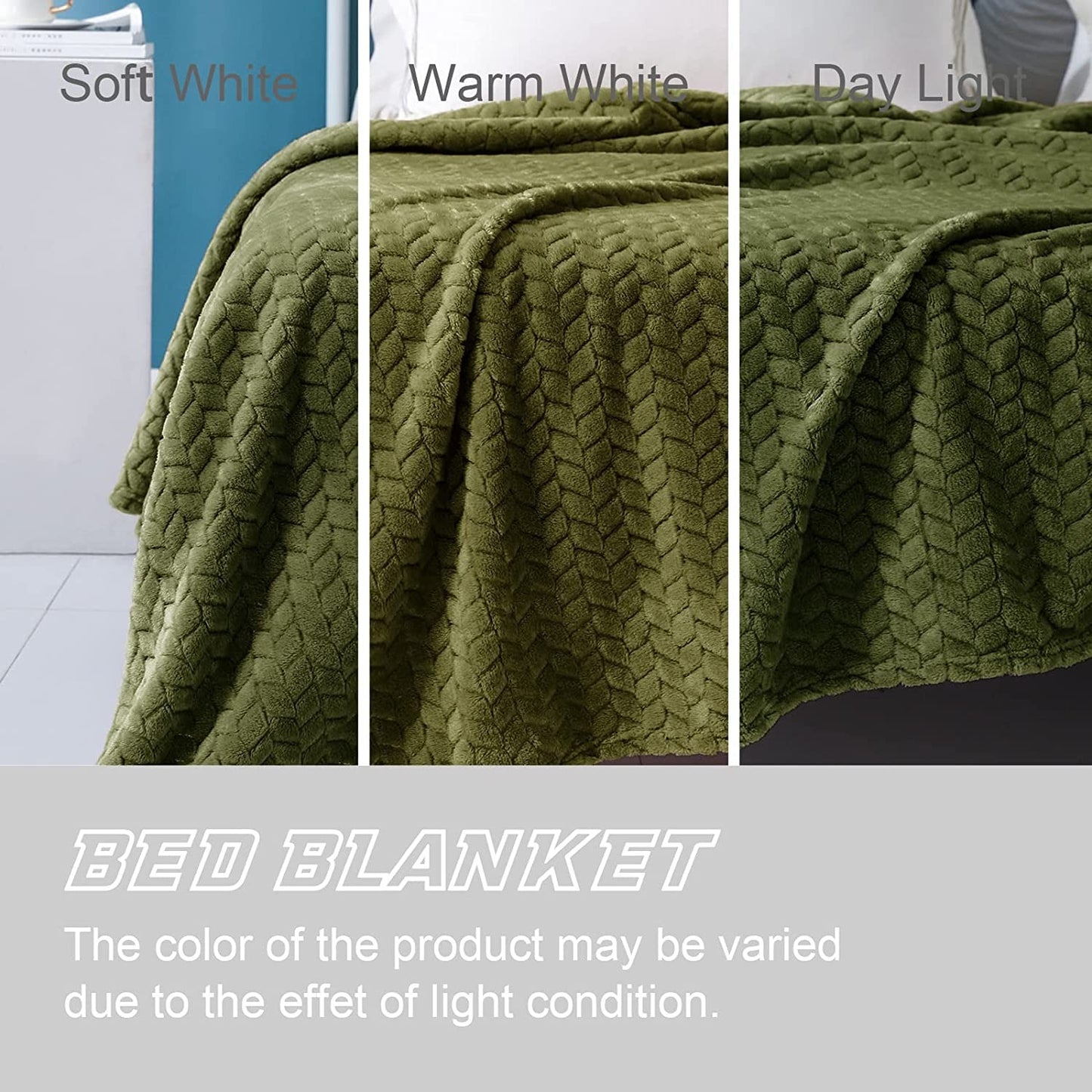 Exclusivo Mezcla Queen Size Flannel Fleece Blanket, 90x90 Inches Soft Jacquard Weave Leaves Pattern Velvet Plush Blanket for Bed, Cozy, Warm, Lightweight and Decorative Olive Green Blanket