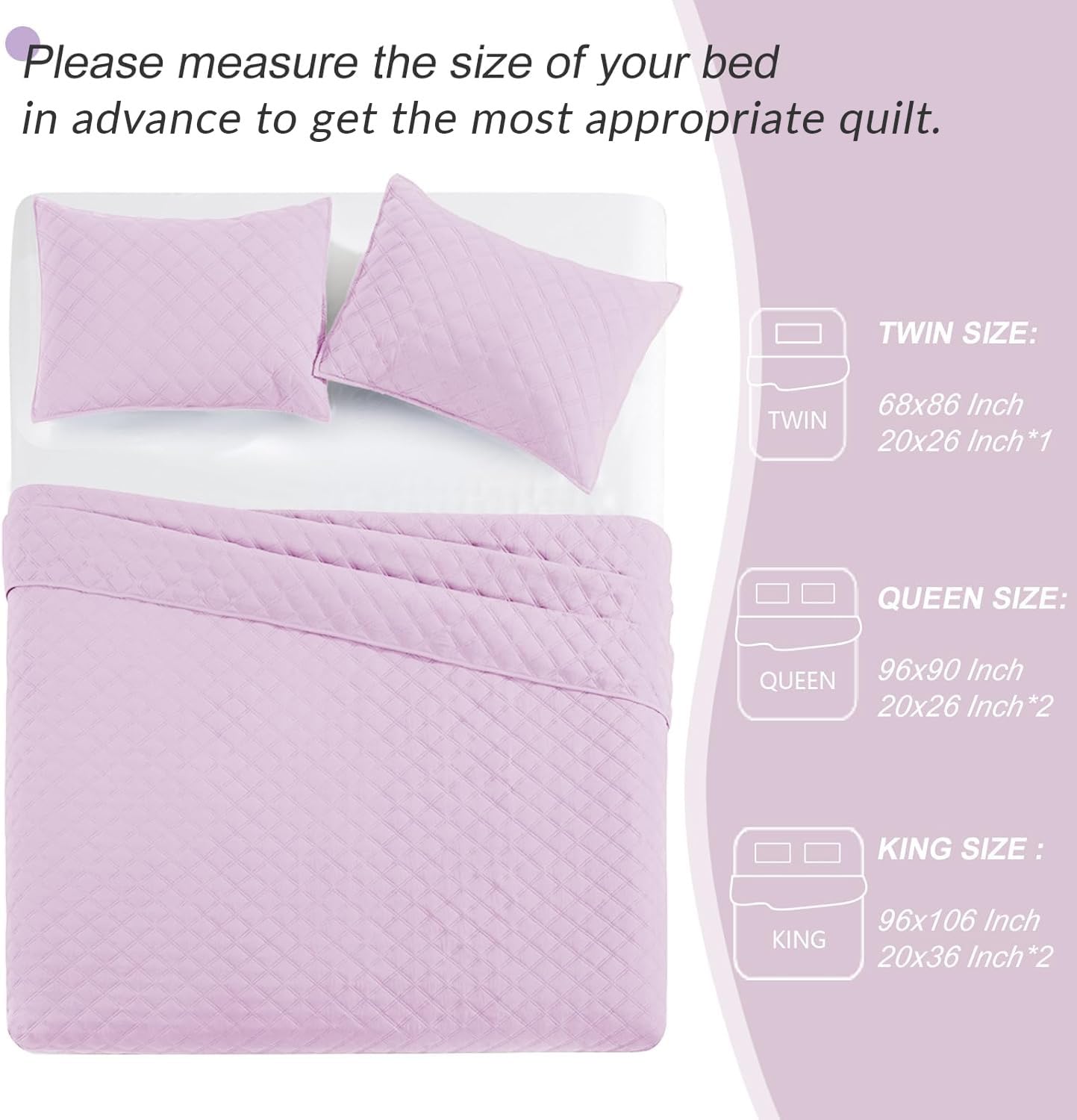 Exclusivo Mezcla Soft Quilt Set King Size, 3 Pieces Lightweight Quilts Lilac Bedspreads Coverlets Bedding Set for All Seasons, Grid Pattern