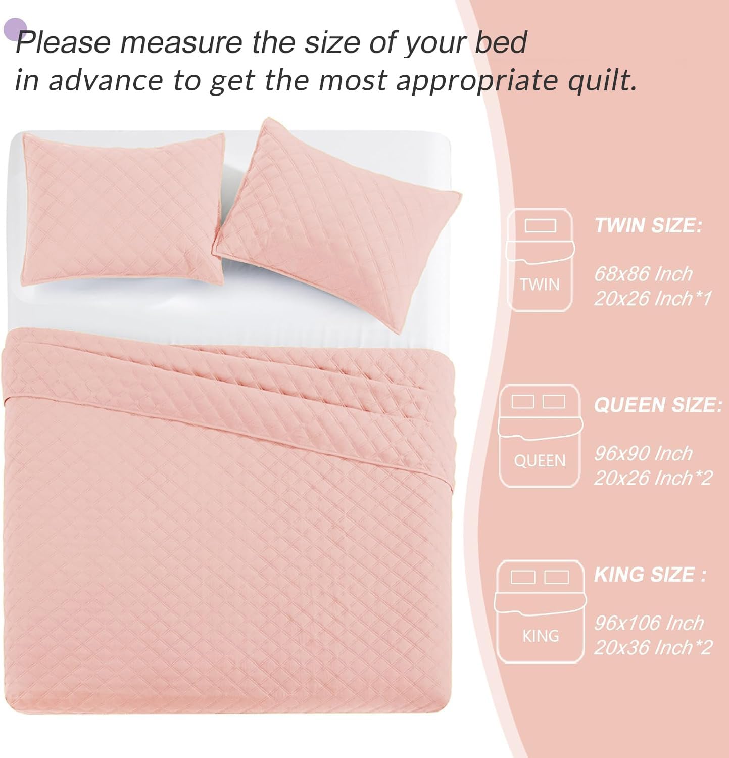 Exclusivo Mezcla Soft Quilt Set Twin Size, 2 Pieces Lightweight Quilts Blush Pink Bedspreads Coverlets Bedding Set for All Seasons, Grid Pattern