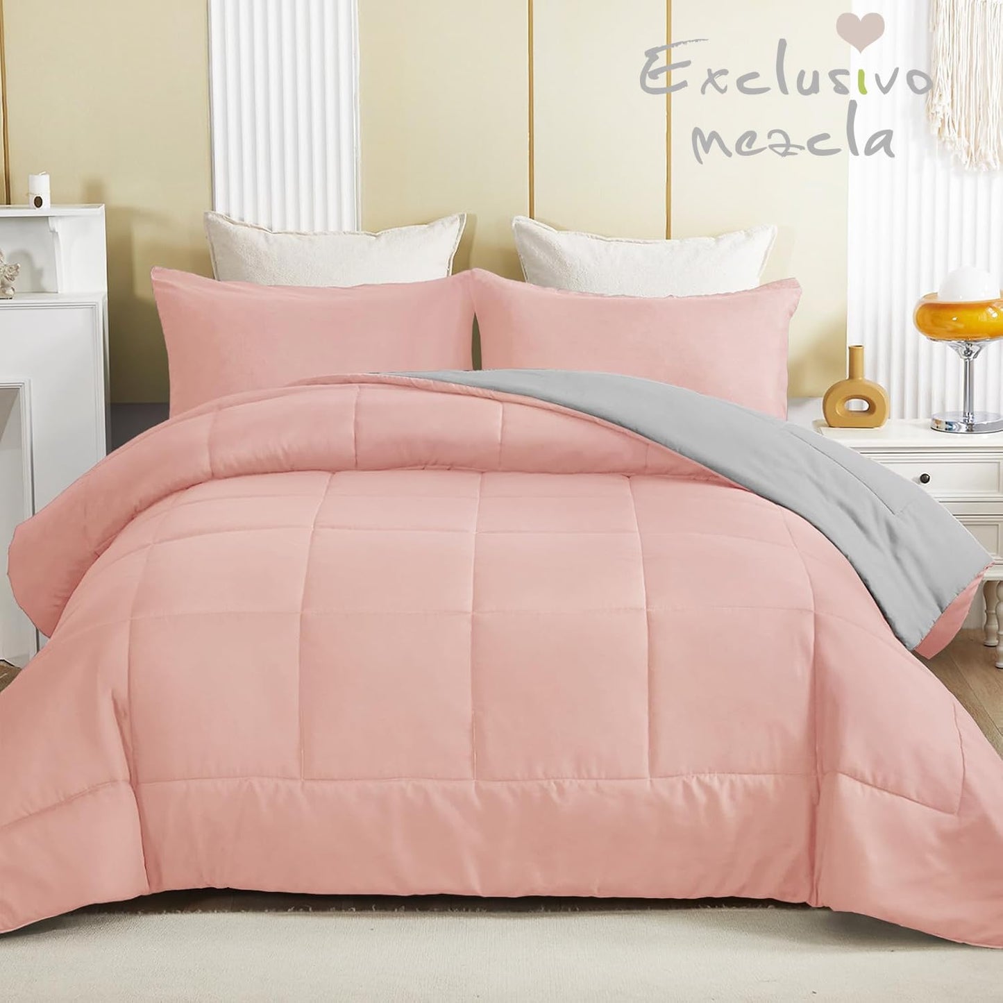 Exclusivo Mezcla Lightweight Reversible 3-Piece Comforter Set All Seasons, Down Alternative Comforter with 2 Pillow Shams, California King Size, Blush Pink/Light Grey