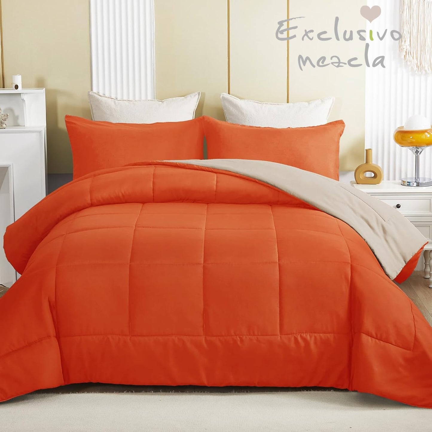 Exclusivo Mezcla Lightweight Reversible 3-Piece Comforter Set All Seasons, Down Alternative Comforter with 2 Pillow Shams, California King Size, Burnt Orange/Brich Beige