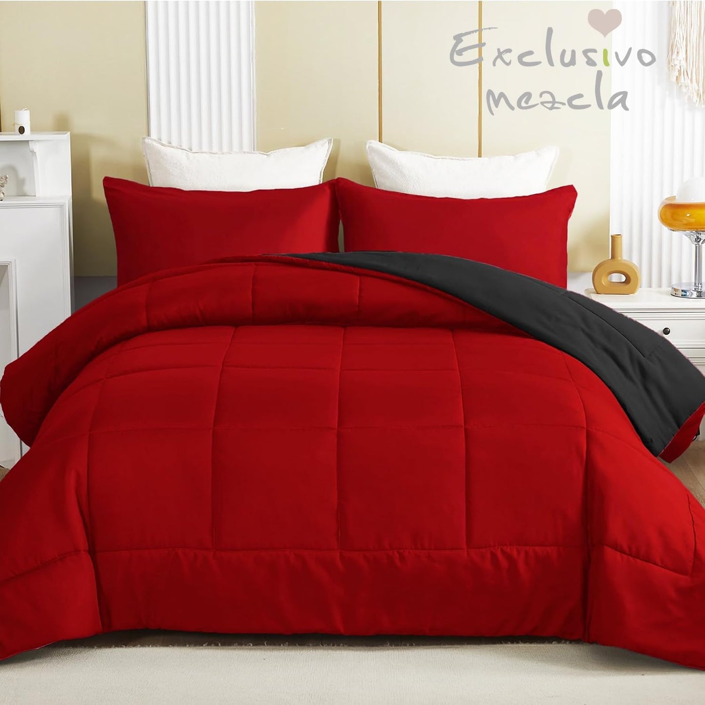 Exclusivo Mezcla Lightweight Reversible 3-Piece Comforter Set All Seasons, Down Alternative Comforter with 2 Pillow Shams, Oversized King Size, Red/Black