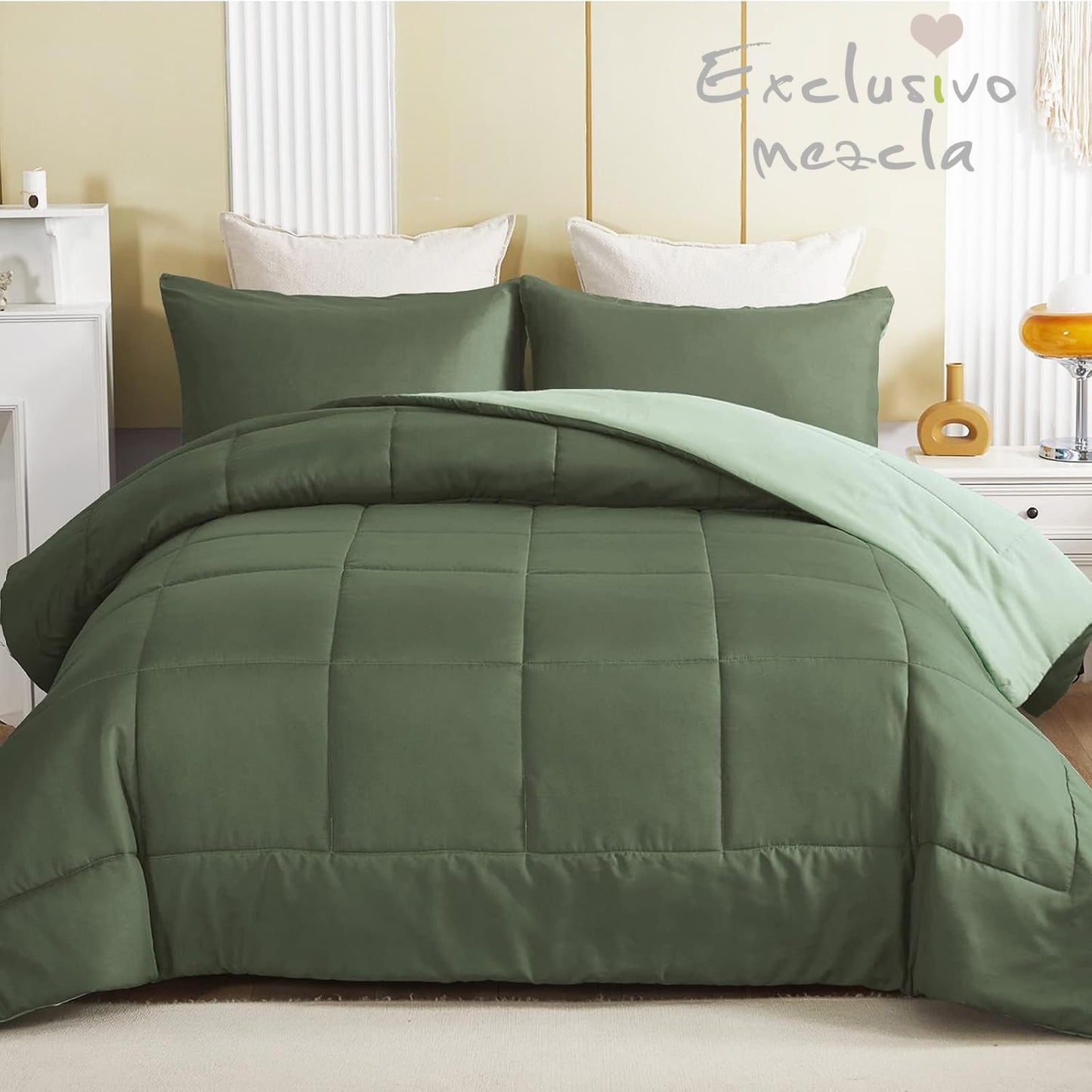 Exclusivo Mezcla Lightweight Reversible 3-Piece Comforter Set All Seasons, Down Alternative Comforter with 2 Pillow Shams, Full Size, Emerald/Mint