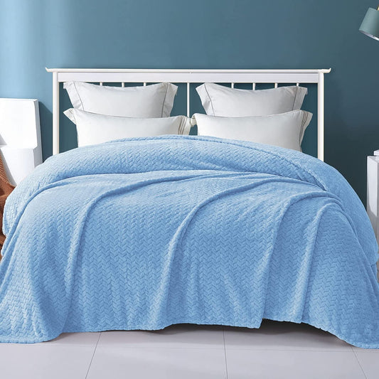 Exclusivo Mezcla Twin Size Flannel Fleece Blanket, 90x66 Inches Soft Jacquard Weave Leaves Pattern Velvet Plush Blanket for Bed, Cozy, Warm, Lightweight and Decorative Baby Blue Blanket