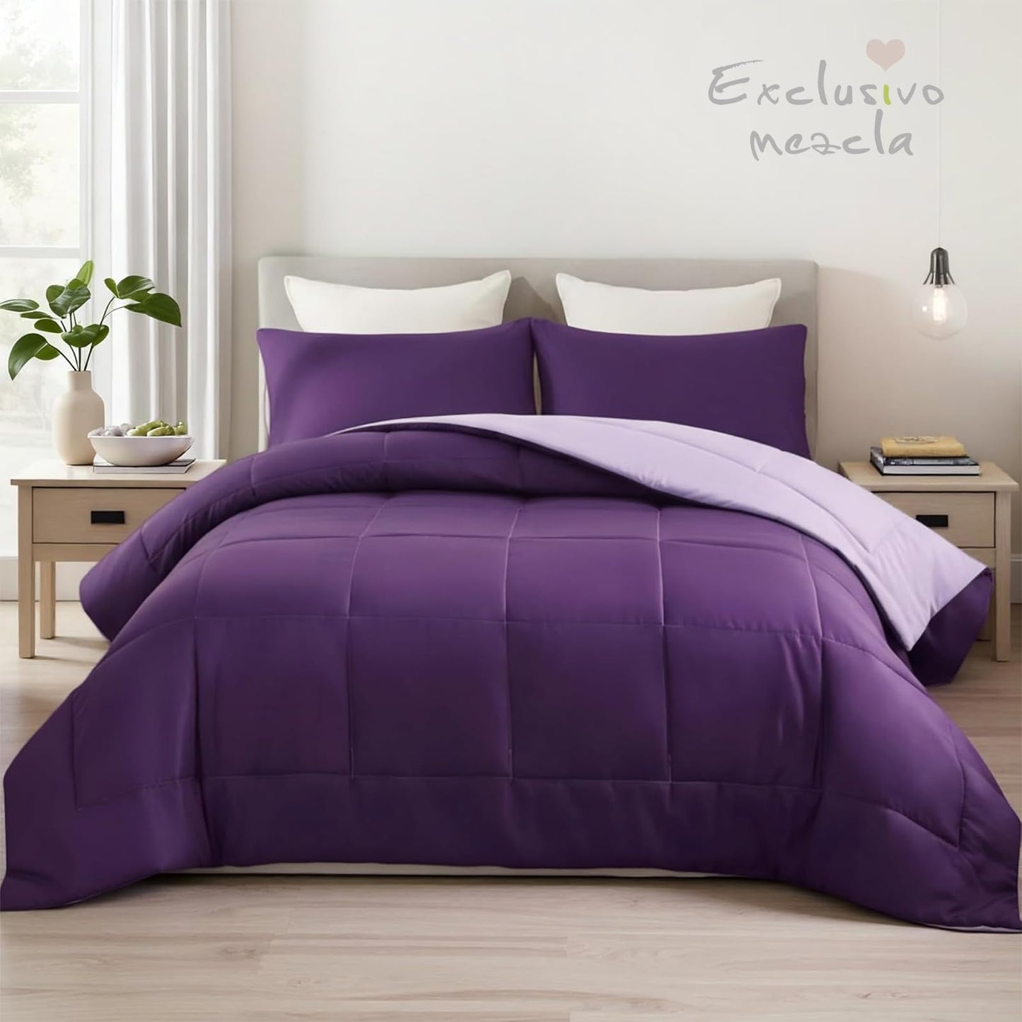 Exclusivo Mezcla Lightweight Reversible 3-Piece Comforter Set All Seasons, Down Alternative Comforter with 2 Pillow Shams, Oversized King Size, Deep Purple/ Lilac