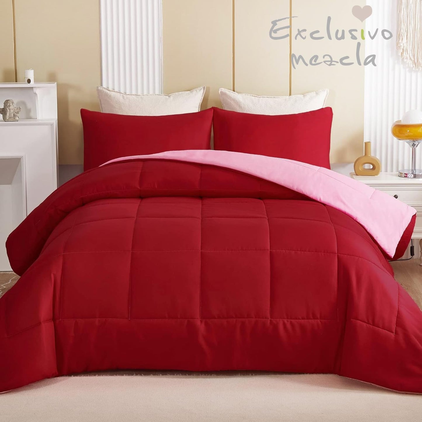 Exclusivo Mezcla Lightweight Reversible 3-Piece Comforter Set All Seasons, Down Alternative Comforter with 2 Pillow Shams, Oversized Queen Size, Red/ Pink