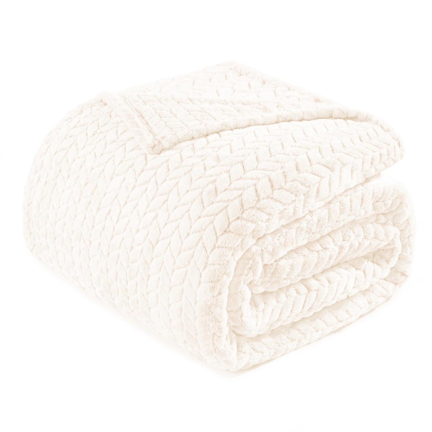 Exclusivo Mezcla Fleece Twin Size Blanket for Bed, 60x80 Inches Soft Cozy Jacquard Flannel Blankets, Lightweight Fuzzy Plush Warm for Women, Off White