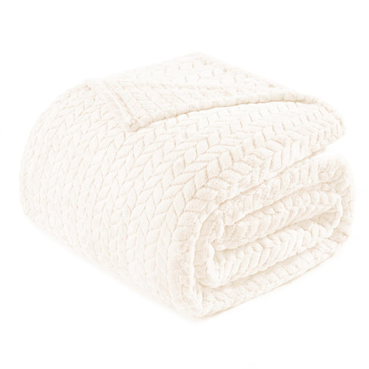 Exclusivo Mezcla Fleece Twin Size Blanket for Bed, 60x80 Inches Soft Cozy Jacquard Flannel Blankets, Lightweight Fuzzy Plush Warm for Women, Off White