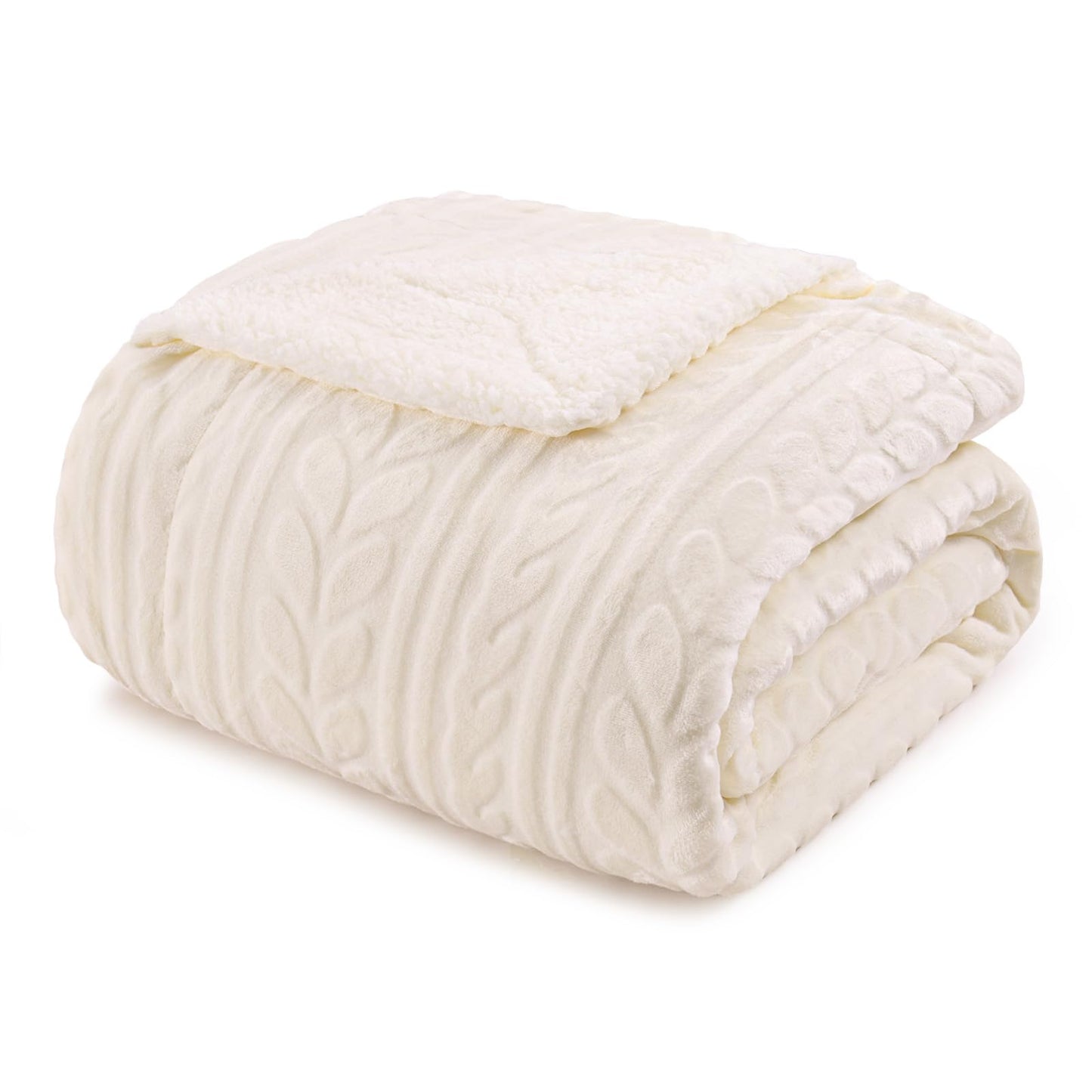Exclusivo Mezcla Queen Size Sherpa Fleece Bed Blanket, Reversible Velvet Warm Blankets for Bed Couch Sofa, 90x90 Inches, Ivory