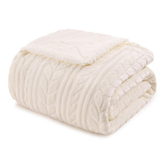 Exclusivo Mezcla Queen Size Sherpa Fleece Bed Blanket, Reversible Velvet Warm Blankets for Bed Couch Sofa, 90x90 Inches, Ivory