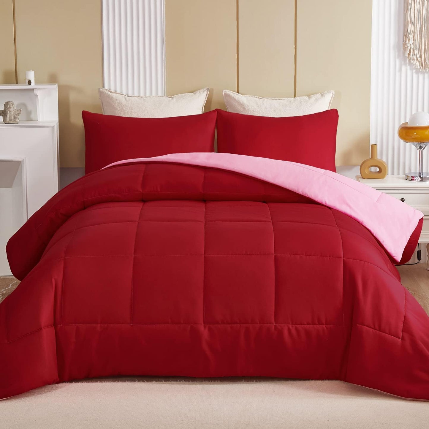 Exclusivo Mezcla Lightweight Reversible 2-Piece Comforter Set All Seasons, Down Alternative Comforter with 1 Pillow Sham, Twin Size, Red/ Pink