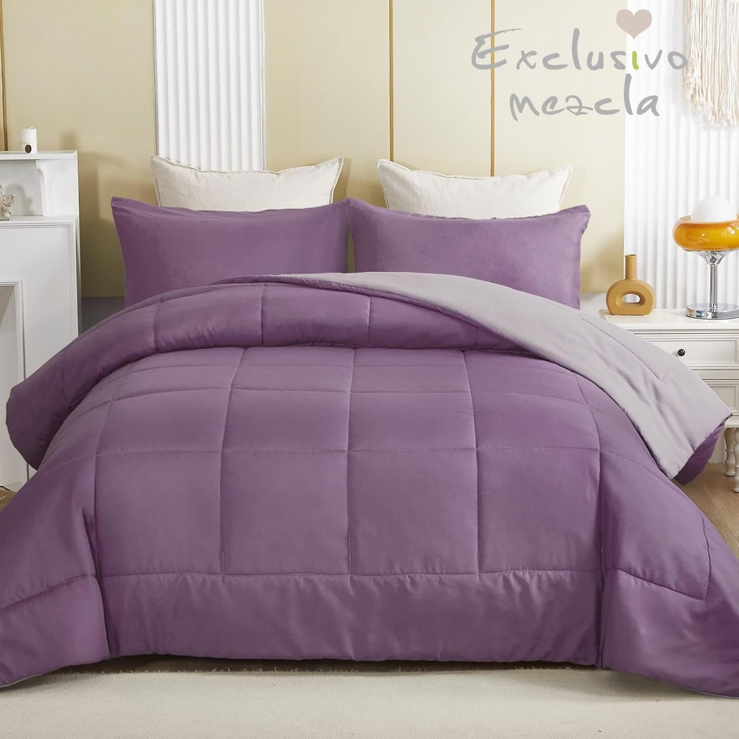 Exclusivo Mezcla Lightweight Reversible 3-Piece Comforter Set All Seasons, Down Alternative Comforter with 2 Pillow Shams, Oversized Queen Size, Dusty Lavender/Lilac Ash