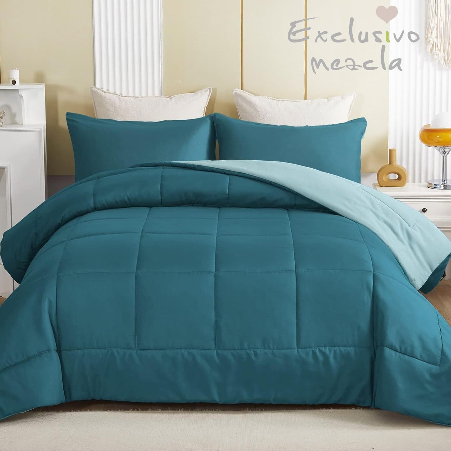 Exclusivo Mezcla Lightweight Reversible 3-Piece Comforter Set All Seasons, Down Alternative Comforter with 2 Pillow Shams, California King Size, Dusty Teal/Spa Blue