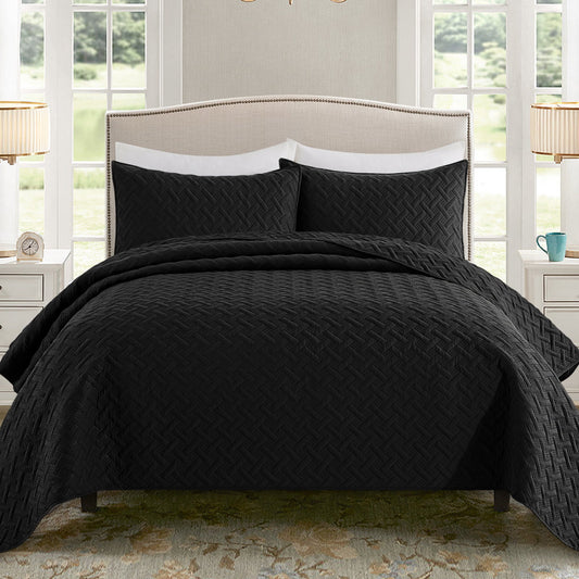 Exclusivo Mezcla 3-Piece Black Queen Size Quilt Set, Weave Pattern Ultrasonic Lightweight and Soft Quilts/Bedspreads/Coverlets/Bedding Set (1 Quilt, 2 Pillow Shams) for All Seasons