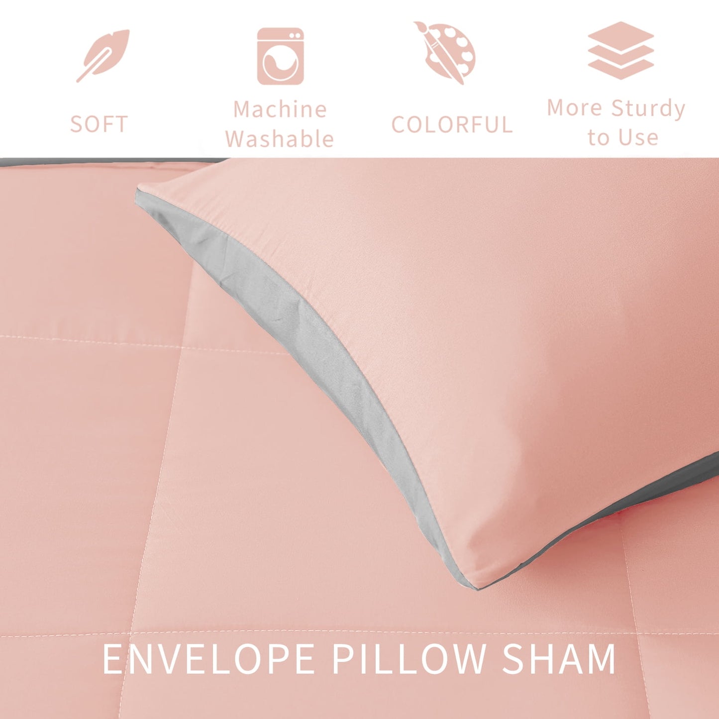 Exclusivo Mezcla Lightweight Reversible 3-Piece Comforter Set All Seasons, Down Alternative Comforter with 2 Pillow Shams, King Size, Blush pink/Light grey