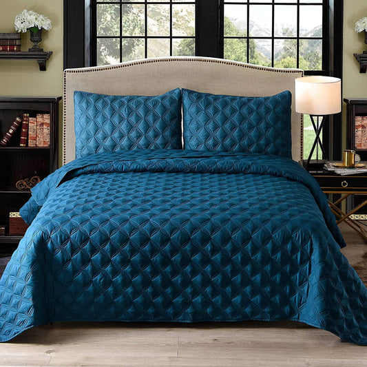 Exclusivo Mezcla Bed Quilt Set King Size for All Seasons, Stitched Pattern Quilted Bedspread/ Bedding Set/ Coverlet with 2 Pillow shams, Lightweight and Soft, Dark Blue