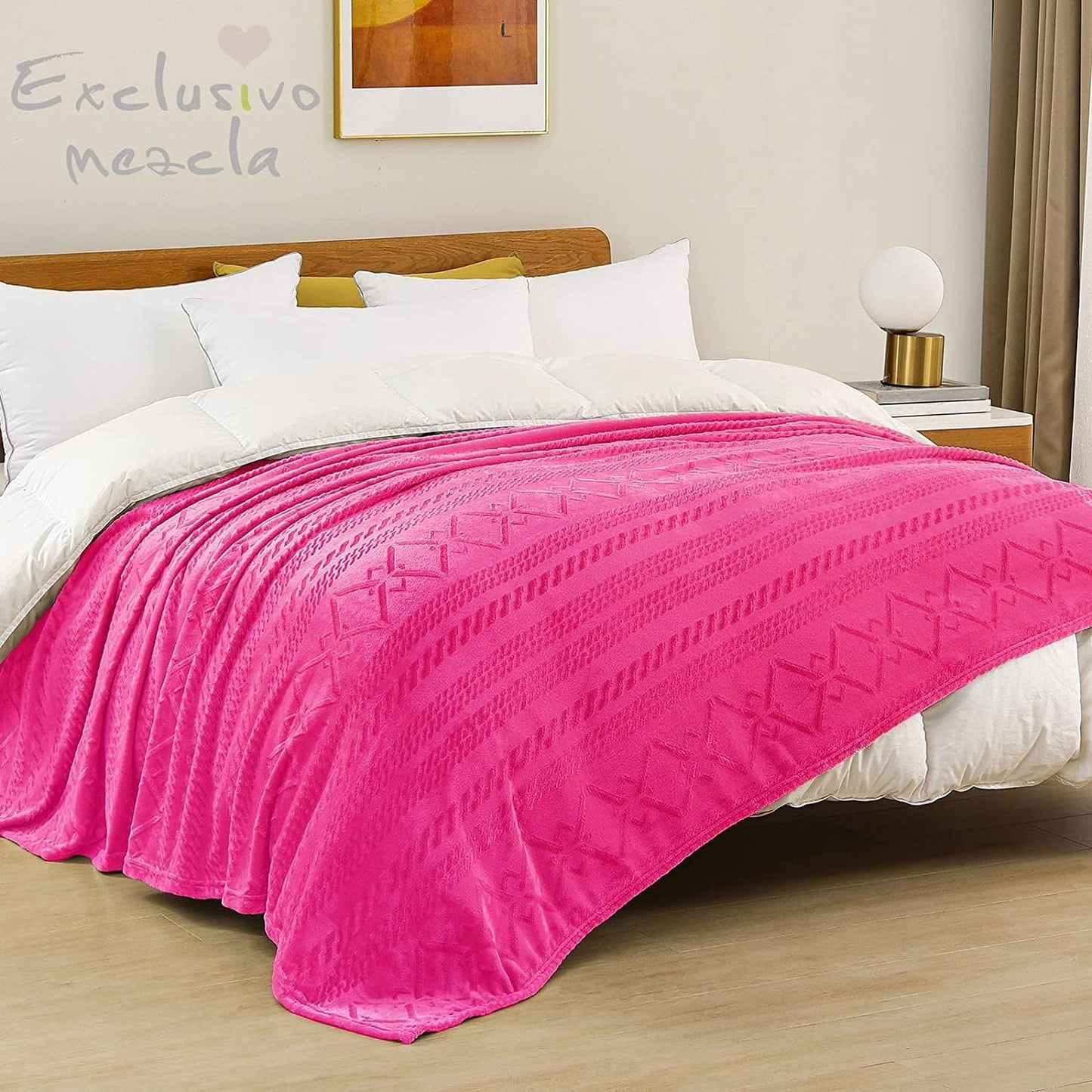 Exclusivo Mezcla Queen Size Soft Bed Blanket, Warm Fuzzy Luxury Bed Blankets, Decorative Geometry Pattern Plush Throw Blanket for Bed, 90x90 Inches, Hot Pink