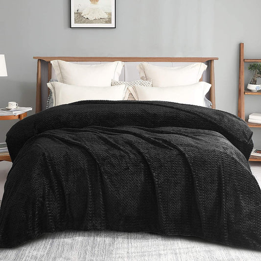 Exclusivo Mezcla Queen Size Jacquard Weave Wave Pattern Flannel Fleece Velvet Plush Bed Blanket as Bedspread/Coverlet/Bed Cover (90" x 90",Black) - Soft, Lightweight, Warm and Cozy