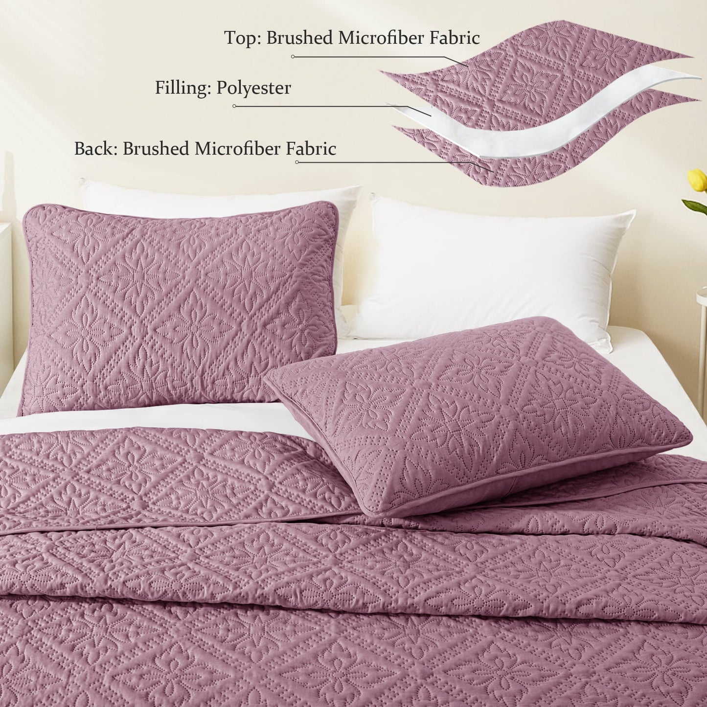 Exclusivo Mezcla Queen Quilt Bedding Set, Lightweight Soft Bedspreads Coverlets with 2 Pillow Shams, Modern Dusty Lavender Quilts Queen Full Size for All Seasons