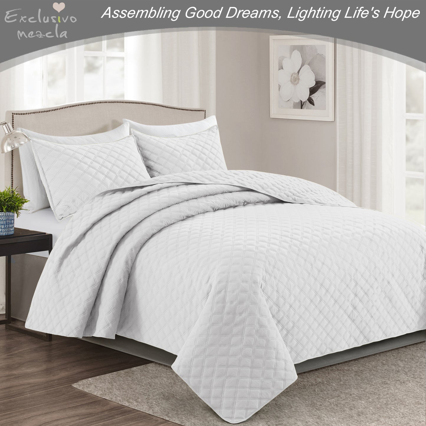 Exclusivo Mezcla 2-Piece White Twin Size Quilt Set, Box Pattern Ultrasonic Lightweight and Soft Quilts/Bedspreads/Coverlets/Bedding Set (1 Quilt, 1 Pillow Sham) for All Seasons