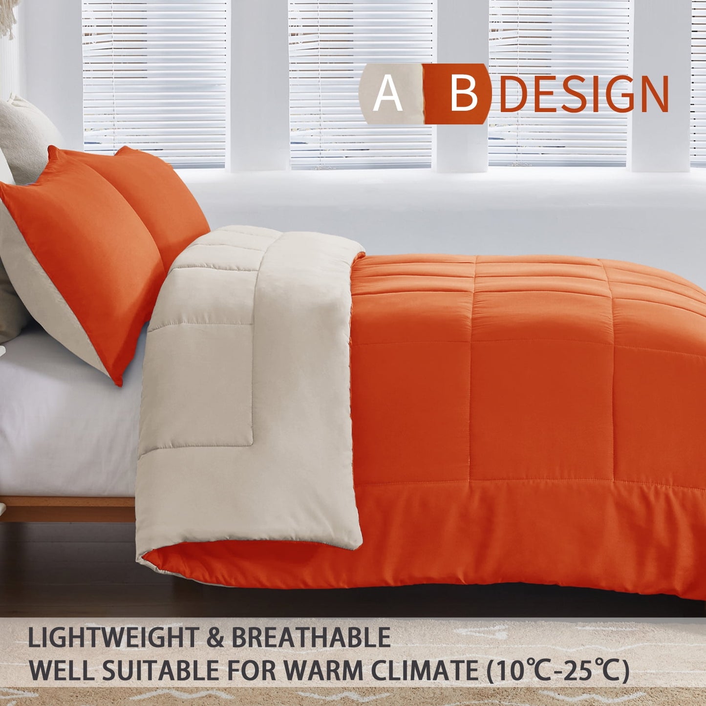 Exclusivo Mezcla Lightweight Reversible 3-Piece Comforter Set All Seasons, Down Alternative Comforter with 2 Pillow Shams, Queen Size, Burnt orange/Brich beige