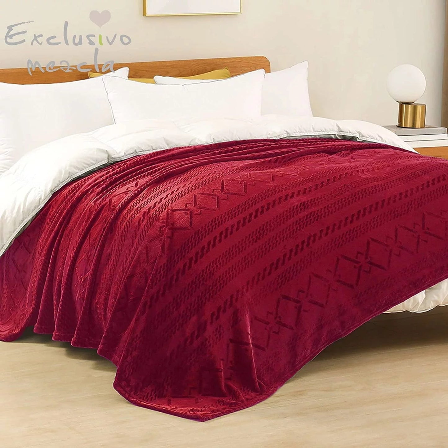 Exclusivo Mezcla Queen Size Soft Bed Blanket, Warm Fuzzy Luxury Bed Blankets, Decorative Geometry Pattern Plush Throw Blanket for Bed, 90x90 Inches, Red