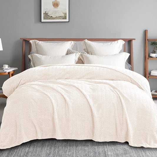 Exclusivo Mezcla Queen Size Jacquard Weave Wave Pattern Flannel Fleece Velvet Plush Bed Blanket as Bedspread/Coverlet/Bed Cover (90" x 90",Ivory) - Soft, Lightweight, Warm and Cozy