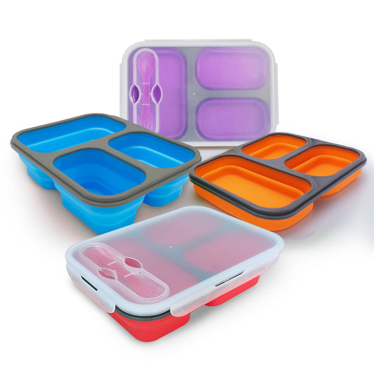Exclusivo Mezcla Collapsible Bento Lunch Box (4pcs) With Spork & Leakproof Lid, BPA Free, Silicone Bento Box Space Saving Food Storage Containers with 3 Compartments- 4 Color Pack