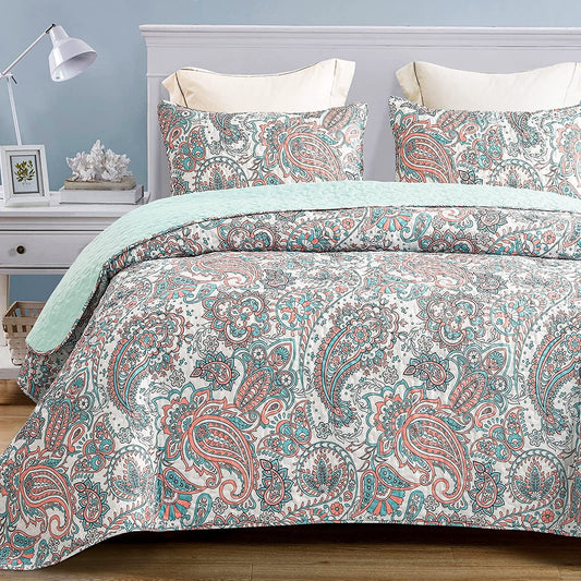 Exclusivo Mezcla Paisley Quilt Set Queen Size, 3-Piece Reversible Quilt Bedding Set with Decoractive Colorful Boho Pattern (2 Pillow Shams), Lightweight and Soft Bedspread Coverlets