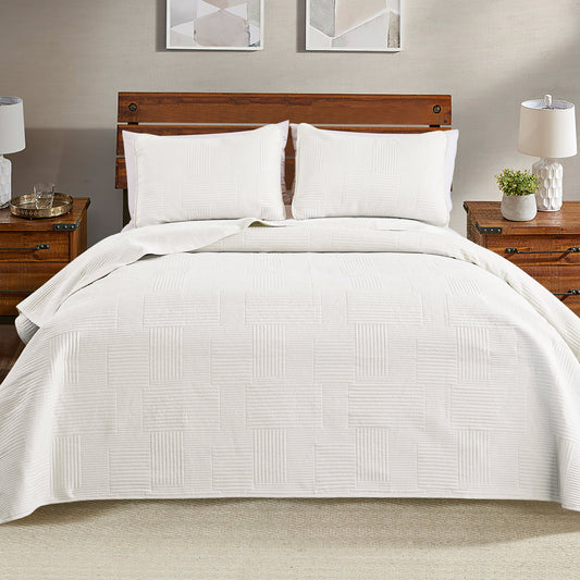 Exclusivo Mezcla King Quilt Set, Soft and Lightweight Bedspreads Coverlet with Striped Pattern, Bedding Sets with 2 Pillow Shams, Reversible Bed Cover for All Seasons, 96x104 Inches，White Grid
