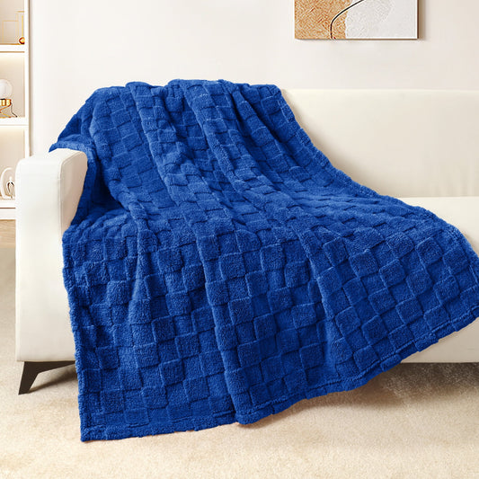 Exclusivo Mezcla Fleece Throw Blanket for Couch, Super Soft 3D Checkered Jacquard Bed Blanket, Cozy Fluffy Lightweight Blanket for All Seasons, 50x60 Inches, Cobalt Blue Blanket