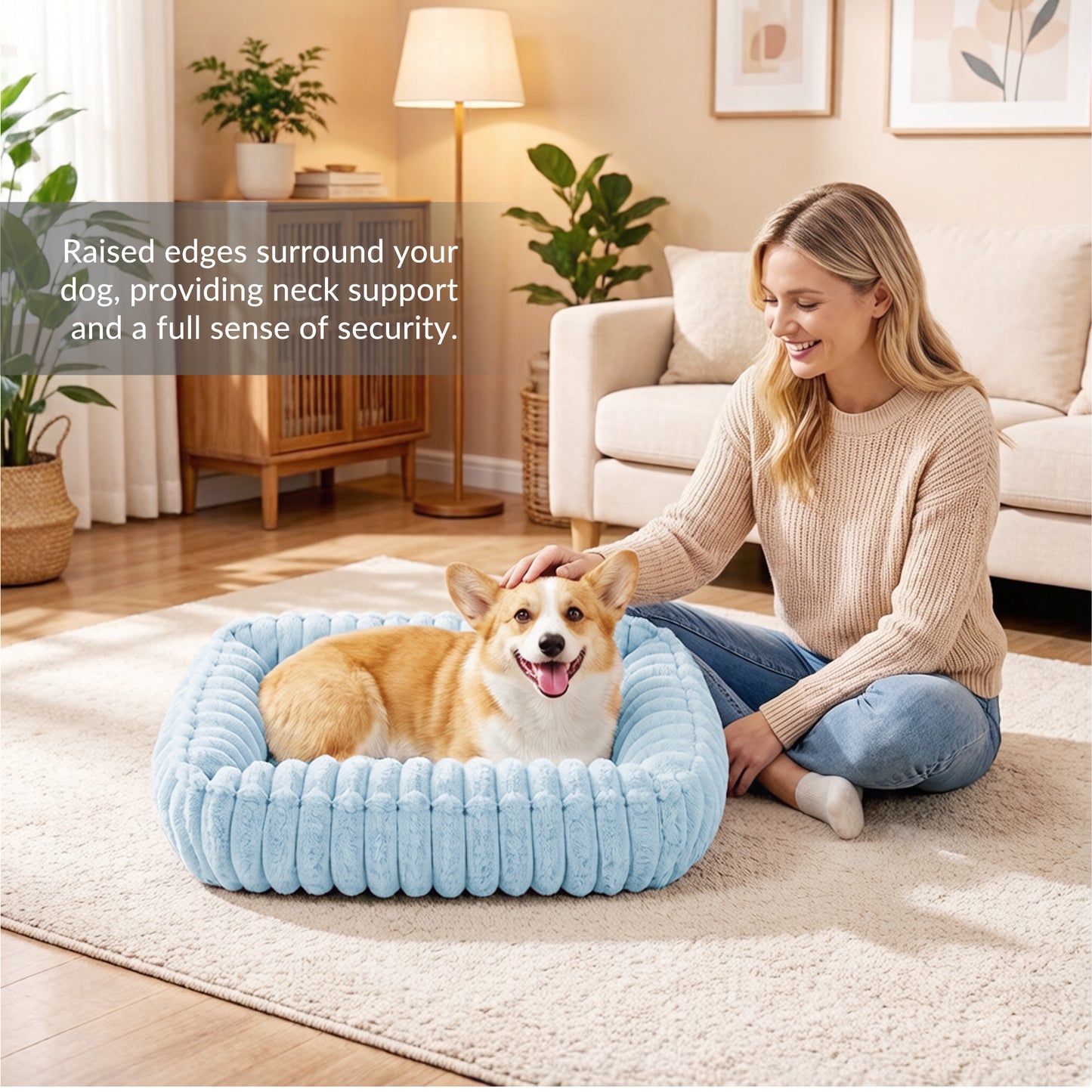 Exclusivo Mezcla Ribbed Plush Cuddler Dog Bed, 40"x32" Calming Pet Bed with Non-Slip Bottom for Large Dogs, Machine Washable, Blue