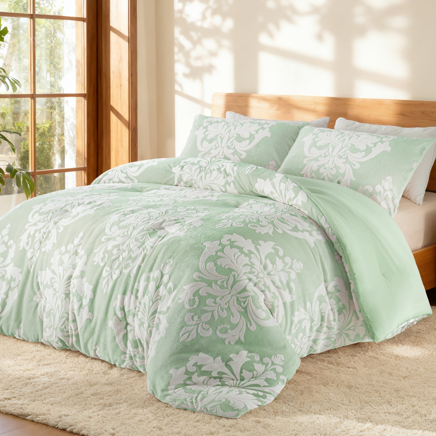 Exclusivo Mezcla Luxury Fuzzy King Size Comforter Set, 3 Pieces Boho Soft Warm Sage Green Comforters, Reversible Flannel Fluffy Bedding Comforter Sets for All Seasons