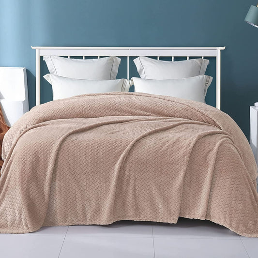 Exclusivo Mezcla Queen Size Flannel Fleece Blanket, 90x90 Inches Soft Jacquard Weave Leaves Pattern Velvet Plush Blanket for Bed, Cozy, Warm, Lightweight and Decorative Camel Blanket