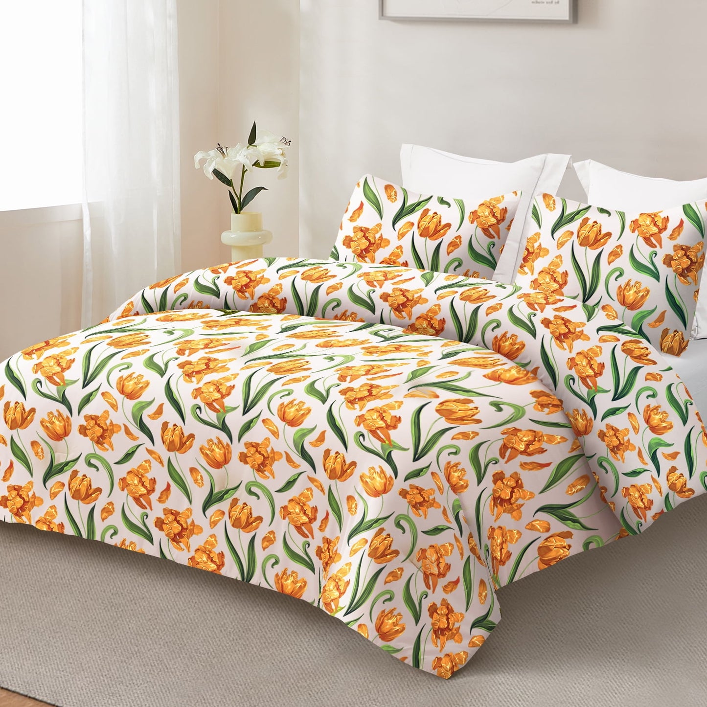 Exclusivo Mezcla 3-Piece Floral King Size Comforter Set, Microfiber Bedding Down Alternative Comforter for All Seasons with 2 Pillow Shams, Yellow