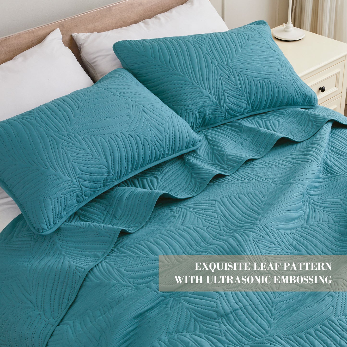Exclusivo Mezcla Ultrasonic California King Size Quilt Set Teal, 3 Pieces Lightweight Bedspread Leaf Pattern Bed Cover Soft Microfiber Coverlet Bedding Set for All Seasons