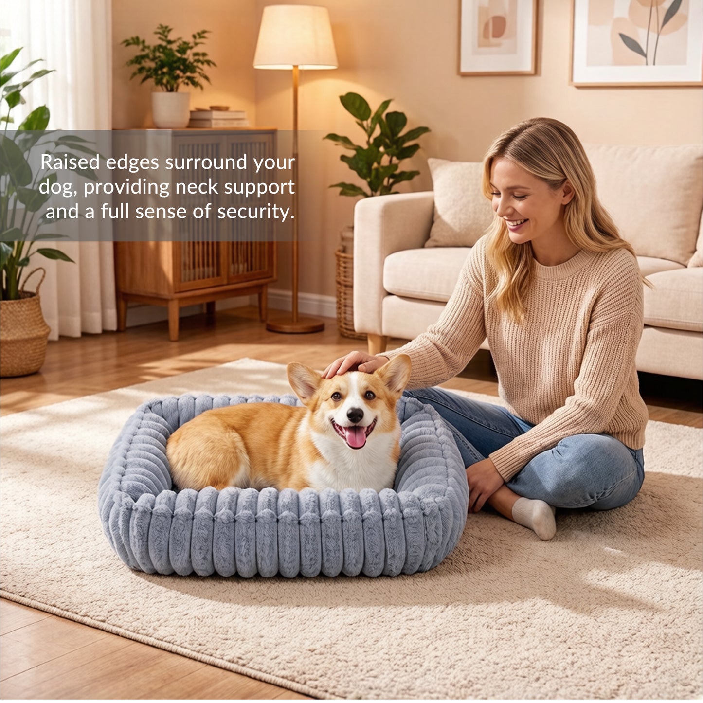 Exclusivo Mezcla Ribbed Plush Cuddler Dog Bed, 24"x20" Calming Pet Bed with Non-Slip Bottom for Medium Dogs, Machine Washable, Light Grey