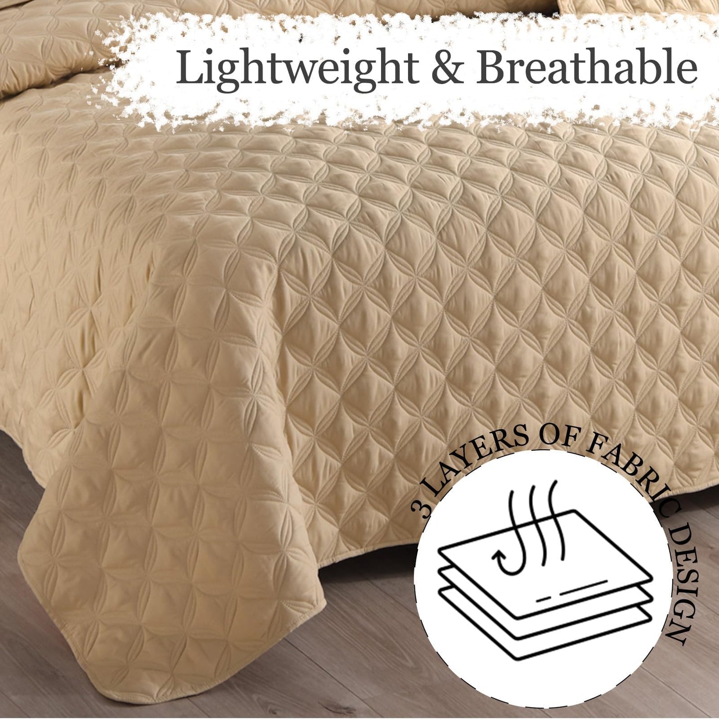 Exclusivo Mezcla Bed Quilt Set King Size for All Seasons, Stitched Pattern Quilted Bedspread/ Bedding Set/ Coverlet with 2 Pillow shams, Lightweight and Soft, Camel