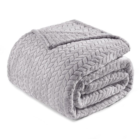 Exclusivo Mezcla Fleece Twin Size Blanket for Bed, 60x80 Inches Soft Cozy Jacquard Flannel Blankets, Lightweight Fuzzy Plush Warm for Women, Light Grey