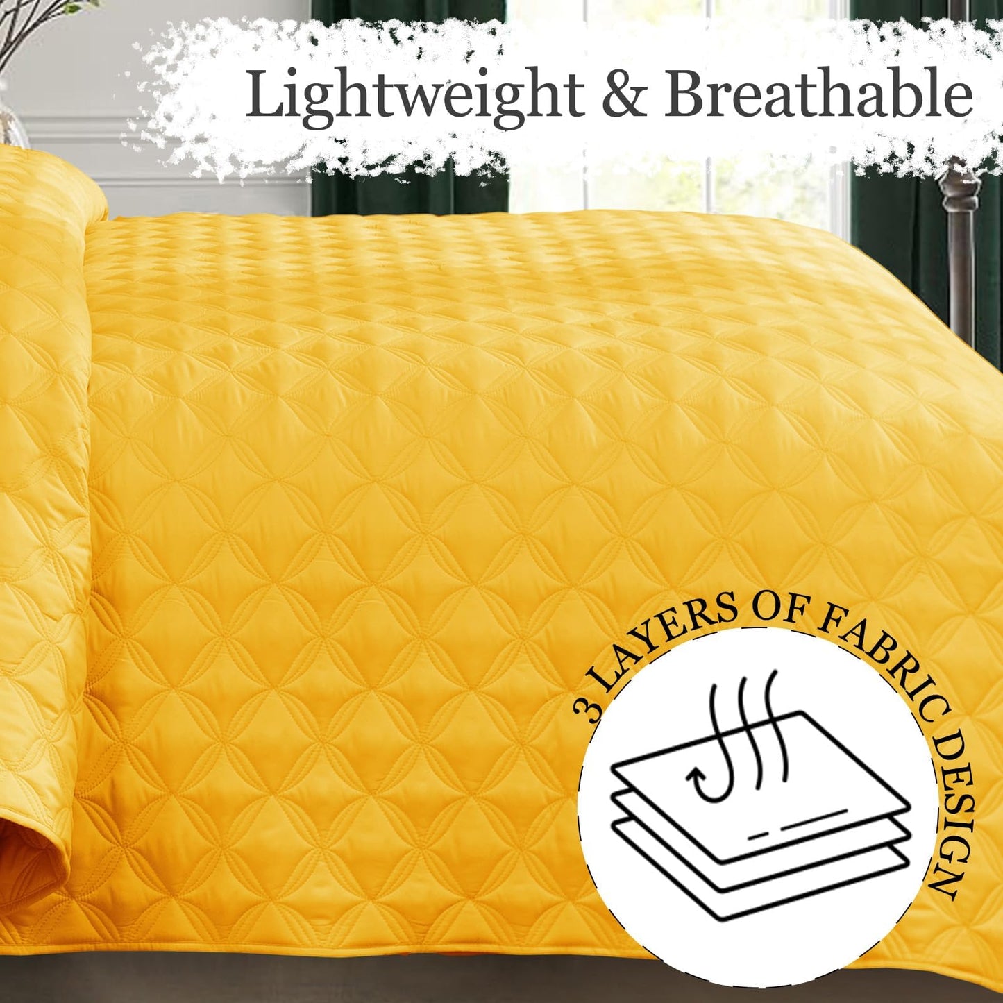 Exclusivo Mezcla Bed Quilt Set King Size for All Season, Stitched Pattern Quilted Bedspread/ Bedding Set/ Coverlet with 2 Pillow shams, Lightweight and Soft, Yellow