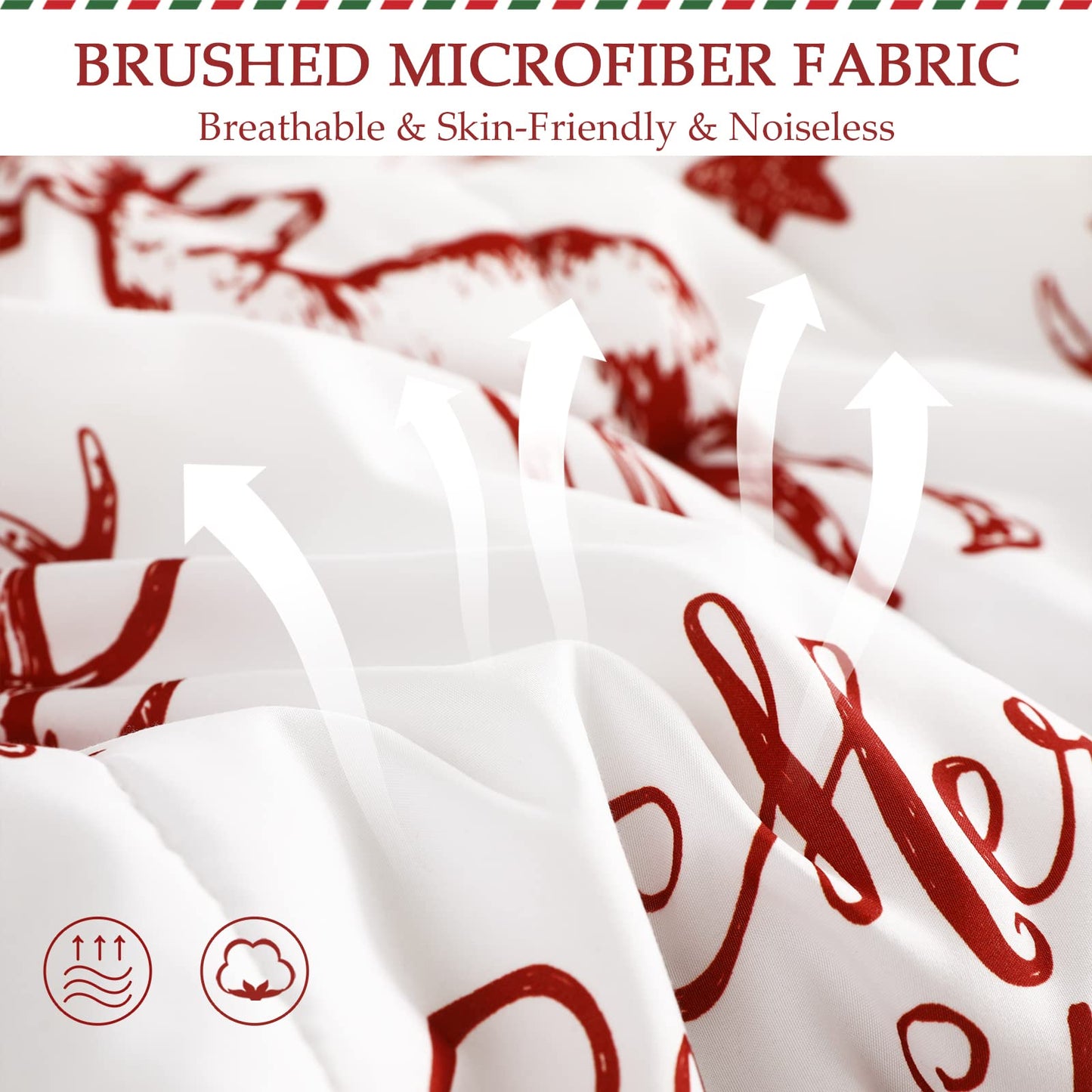Exclusivo Mezcla Christmas California King Size Comforter Set, 3 Pieces Reversible White and Rust Red Down Alternative Comforter Sets, Printed Christmas Reindeer Wreaths Pattern