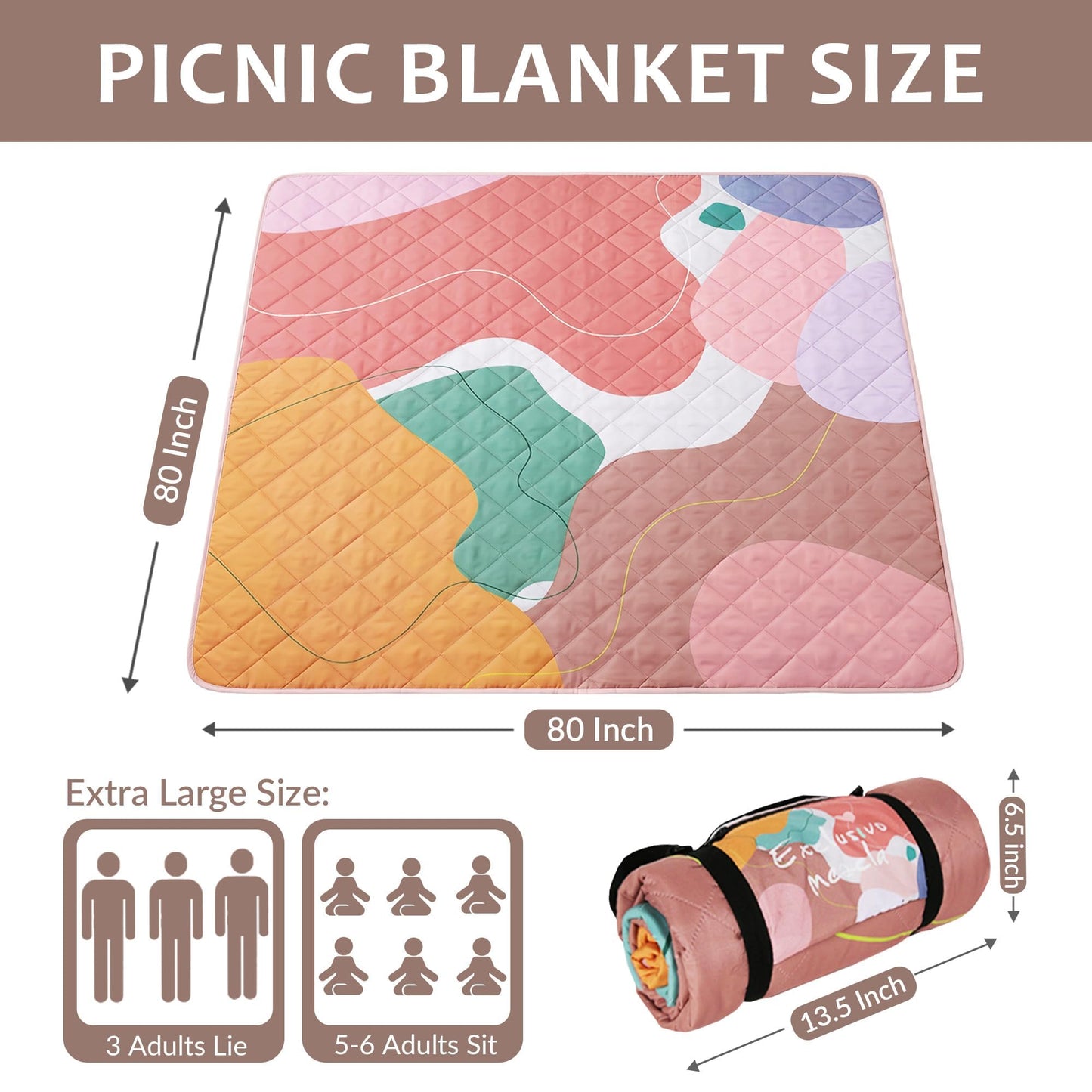 Exclusivo Mezcla Waterproof Picnic Blankets 3-Layer 80"x 80" Large Sandproof Beach Blanket Foldable Outdoor Blanket for Camping on Grass Picnic Mat, Abstract Pink