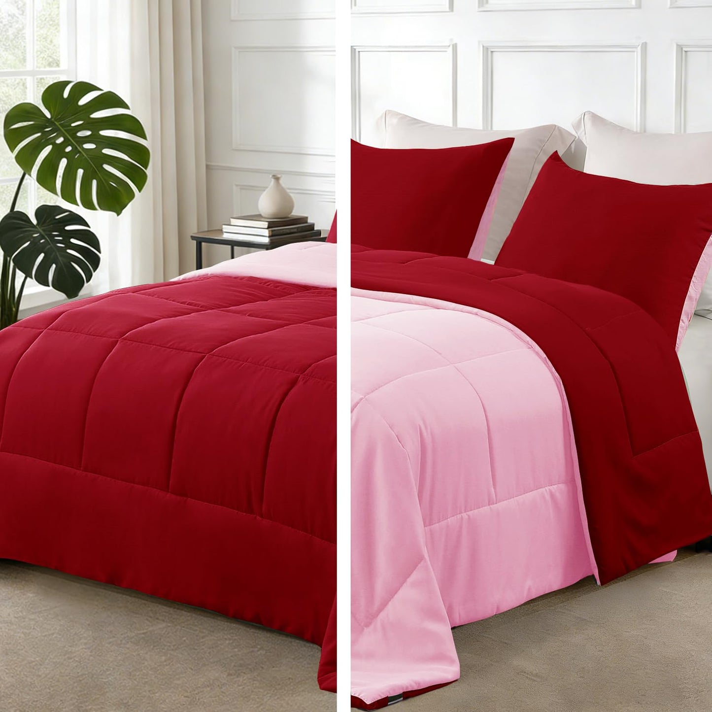 Exclusivo Mezcla Lightweight Reversible 3-Piece Comforter Set All Seasons, Down Alternative Comforter with 2 Pillow Shams, Full Size, Red/ Pink