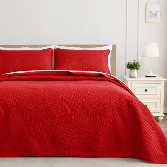 Exclusivo Mezcla Twin Quilt Bedding Set, Lightweight Red Quilts Twin Size for All Seasons, Soft Microfiber Bedspreads Coverlets Bed Cover with Leaf Pattern, 2 Piece