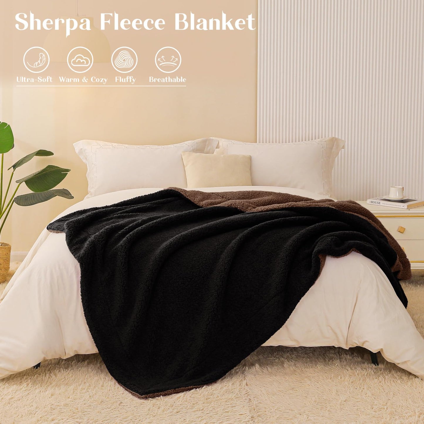 Exclusivo Mezcla Reversible King Size Sherpa Blanket, Thick and Warm Fleece Blankets for Winter, Soft Plush Fluffy for Bed, 90x104 Inches, Black/ Coffee