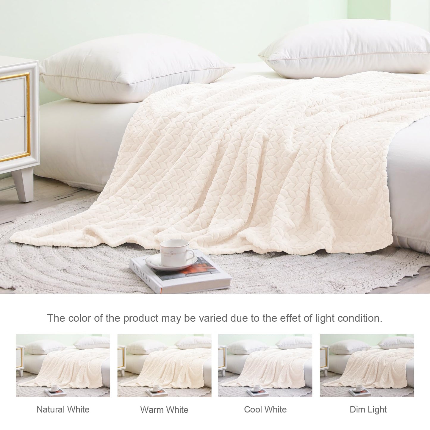 Exclusivo Mezcla Fleece Twin Size Blanket for Bed, 60x80 Inches Soft Cozy Jacquard Flannel Blankets, Lightweight Fuzzy Plush Warm for Women, Off White
