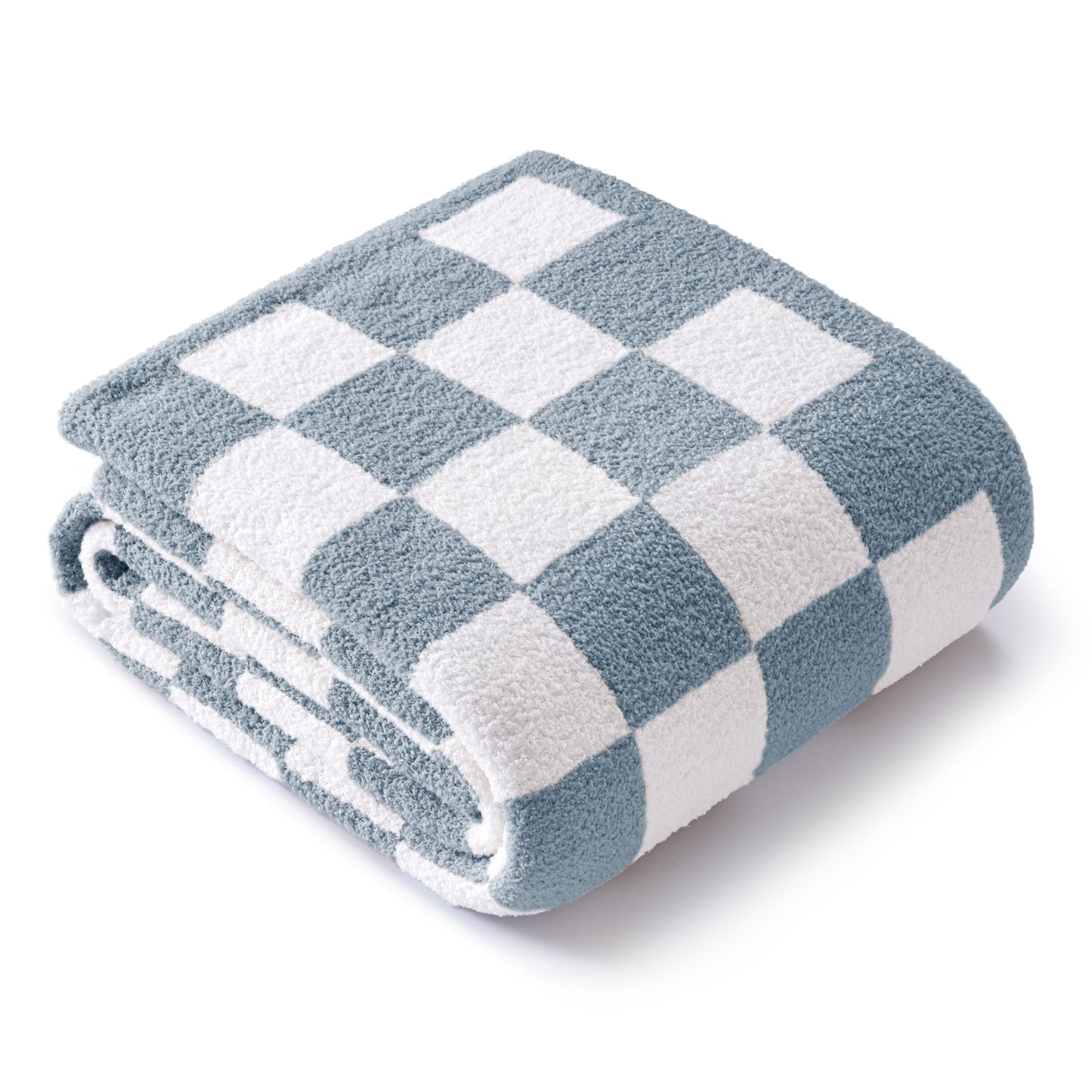 Exclusivo Mezcla Checkered Knit Throw Blanket, Ultra Soft Cozy Fluffy Checkerboard Blankets, Lightweight Fuzzy Plush Throw for Couch and Bed, Stone Blue, 50"x60"
